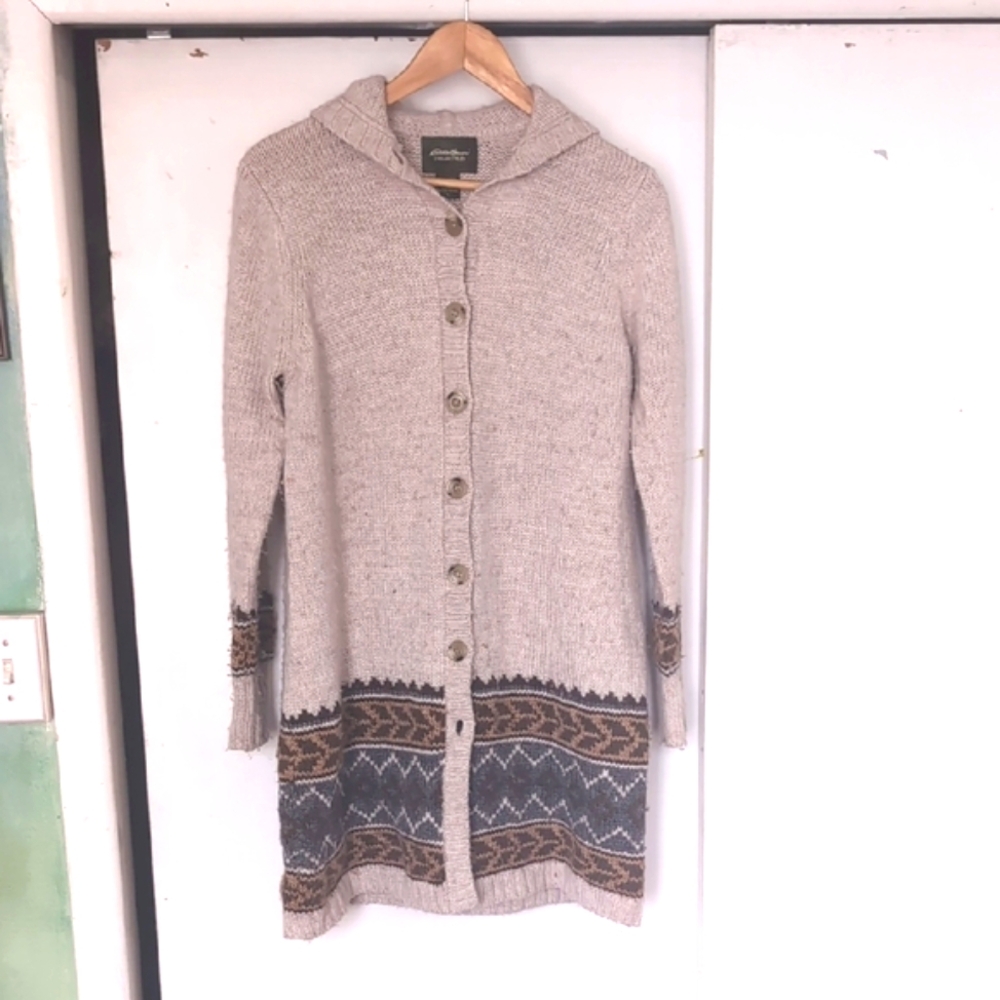 Women's Hooded Cardigan Sweater - Beige and Gray